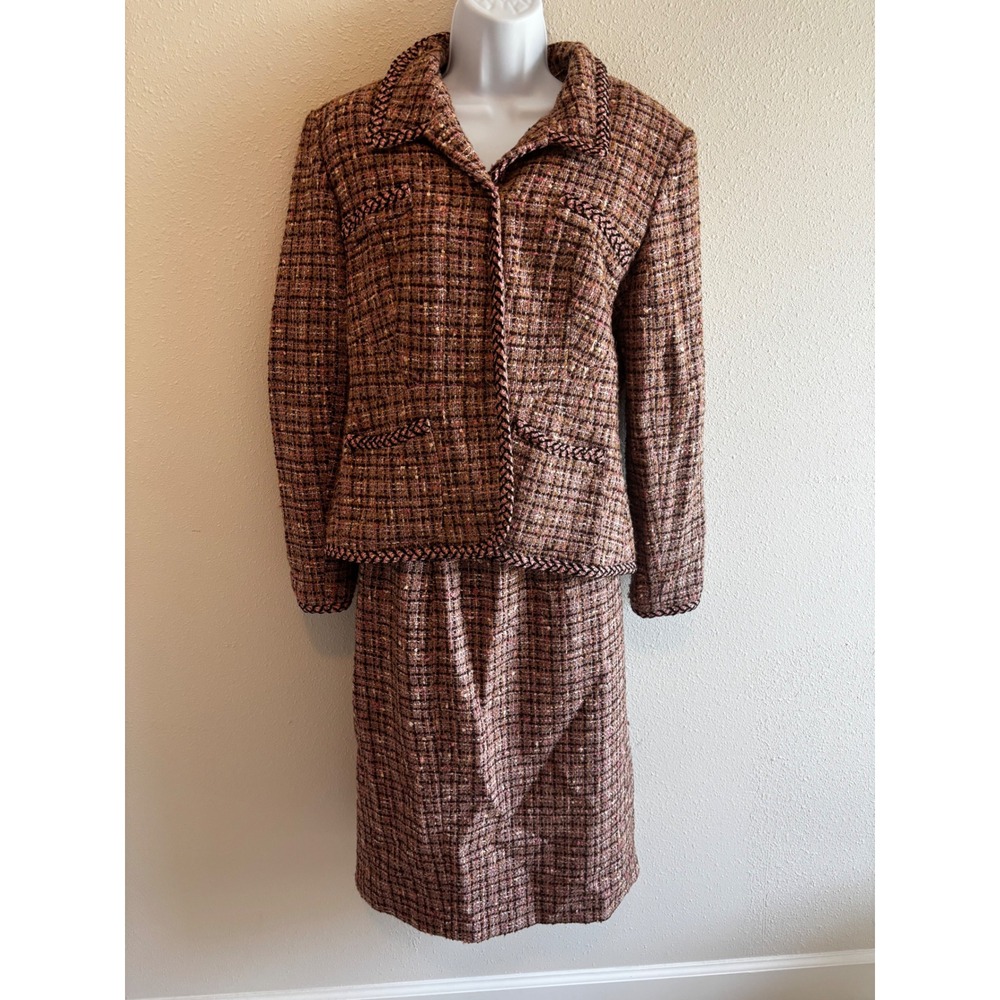 Bigio Collection Skirt Suit 10 Brown Pink Tweed Braided‎ Trim Professional Set